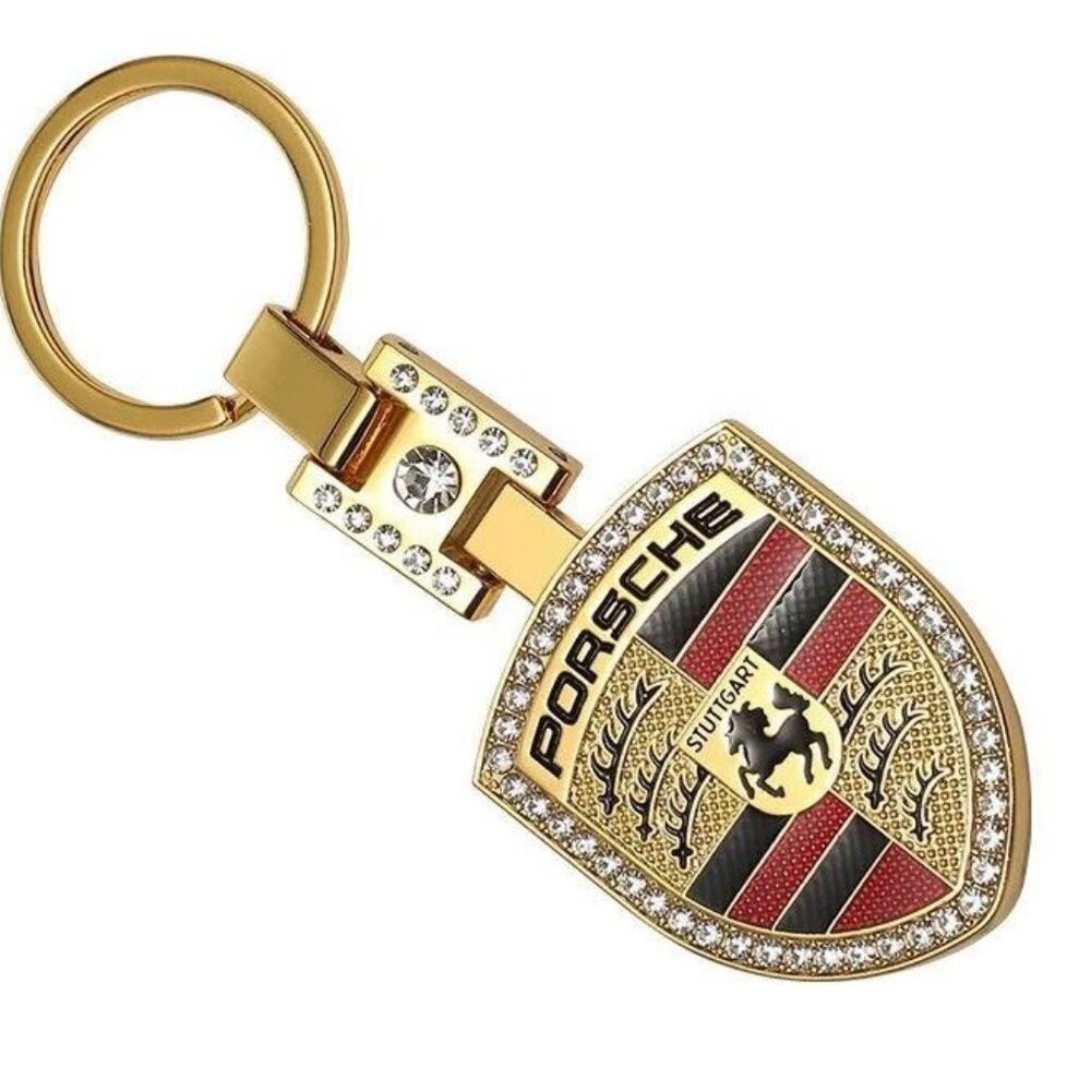 PORSCHE STUTTGART HOTROD Metal Crest KeyRing Key Chain Golden Pendant Keyholder - Picture 6 of 6
